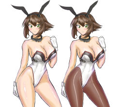 Rule 34 | 10s, 1girl, adapted costume, animal ears, bare arms, bare legs, bare shoulders, blush, breasts, brown hair, cleavage, clenched hand, dual persona, fake animal ears, female focus, gloves, green eyes, highres, jewelry, kantai collection, large breasts, legs, leotard, looking at viewer, mutsu (kancolle), neck ring, nyantamaran, pantyhose, playboy bunny, rabbit ears, shiny skin, short hair, simple background, smile, solo, standing, strapless, variations, white background, white gloves