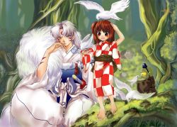 Rule 34 | 1boy, 1girl, age difference, animal, animal on hand, animal on head, bad id, bad pixiv id, baggy pants, barefoot, bird, brown eyes, brown hair, checkered clothes, checkered kimono, crescent moon, demon boy, facial mark, fingernails, forehead mark, forest, full body, fur, highres, inuyasha, jaken, japanese clothes, kimono, loli bushi, long fingernails, long hair, moon, nature, on head, pants, parted bangs, pointy ears, rin (inuyasha), sesshoumaru, side ponytail, silver hair, sitting, yellow eyes, yukata