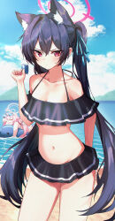 Rule 34 | 2girls, absurdres, animal ears, beach, bikini, black bikini, black hair, blue archive, blue ribbon, blue sky, blush, closed mouth, cloud, collarbone, day, eyewear on head, frown, hair between eyes, hair ribbon, halo, highres, hoshino (blue archive), hoshino (swimsuit) (blue archive), inflatable toy, inflatable whale, long hair, multiple girls, navel, ocean, official alternate costume, open mouth, outdoors, pink hair, red eyes, ribbon, serika (blue archive), serika (swimsuit) (blue archive), sky, standing, sunglasses, swimsuit, twintails, very long hair, w.k