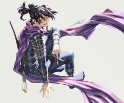 Rule 34 | 1boy, absurdres, black bodysuit, black hair, bodysuit, dated, facial mark, folded ponytail, from side, grey background, grin, highres, holding, holding weapon, katana, looking at viewer, male focus, one-punch man, onsoku no sonic, pink eyes, ponytail, purple scarf, scarf, sheath, sheathed, short hair, signature, simple background, sitting, smile, solo, sword, teeth, tiger june, weapon