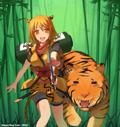 Rule 34 | 10s, 1girl, 2010, :d, = =, animal ears, bag, bamboo, bamboo forest, bike shorts, blonde hair, blush, fangs, food, forest, matching hair/eyes, meat, nature, new year, open mouth, orange eyes, orange hair, original, short hair, smile, solo, sword, tail, tiger, tiger ears, tiger tail, weapon, yellow eyes, zenn