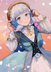 Rule 34 | 1girl, absurdres, ayaka (genshin impact), blue dress, blue eyes, blue hair, blunt bangs, blunt tresses, blush, braid, butterfly hair ornament, cherry blossoms, closed mouth, commentary request, dress, falling petals, flower, genshin impact, hair flower, hair ornament, hands up, highres, kamisato ayaka, kamisato ayaka (springbloom missive), light blue hair, long sleeves, looking at viewer, mole, mole under eye, official alternate costume, official alternate hairstyle, petals, poteto (toshiko63011), puffy long sleeves, puffy sleeves, solo, upper body