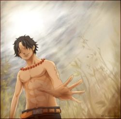 Rule 34 | 1boy, belt, black hair, jewelry, looking at viewer, male focus, meissdes, necklace, one piece, outdoors, plant, portgas d. ace, solo, standing, sun, tattoo, topless male