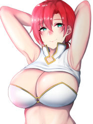 Rule 34 | 1girl, aqua eyes, armpits, arms behind back, arms up, asymmetrical bangs, blush, boudica (fate), breasts, cleavage, cleavage cutout, closed mouth, clothing cutout, crop top, fate/grand order, fate (series), kuuki (rakam), large breasts, long hair, looking at viewer, low ponytail, red hair, short hair, simple background, sleeveless, smile, solo, tsurime, white background
