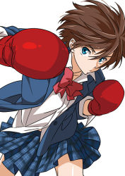 Rule 34 | 1girl, 9aki, blue eyes, boxing gloves, brown hair, incoming attack, incoming punch, jacket, long sleeves, looking at viewer, nein, open clothes, open jacket, plaid, plaid skirt, pleated skirt, punching, short hair, simple background, skirt, solo, white background