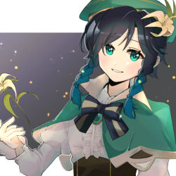 Rule 34 | 1boy, androgynous, beret, black hair, blue hair, bow, braid, brooch, cape, collared cape, corset, floating, floating object, flower, frilled sleeves, frills, gak (khw7355), gem, genshin impact, gradient hair, green eyes, green hat, hair flower, hair ornament, hat, jewelry, leaf, long sleeves, looking at viewer, male focus, multicolored hair, open mouth, shirt, short hair with long locks, simple background, smile, solo, twin braids, venti (genshin impact), white flower, white shirt