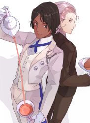 Rule 34 | 2boys, absurdres, arjuna (fate), back-to-back, black eyes, black hair, blue eyes, brothers, brown jacket, brown pants, chain, cowboy shot, cross tie, cup, dark-skinned male, dark skin, decantering, fate/grand order, fate (series), feet out of frame, formal, gloves, hair slicked back, highres, holding, holding cup, holding plate, holding teapot, jacket, karna (fate), kinnoashihara, lapel pin, looking at viewer, looking back, male focus, multiple boys, open clothes, open jacket, pants, parted bangs, pink hair, pink jacket, pink pants, plate, profile, red pupils, shirt, short hair, siblings, simple background, smile, tailcoat, tea, teacup, teapot, vest, white background, white gloves, white shirt, white vest