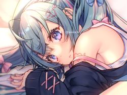 Rule 34 | 1girl, bare shoulders, blue eyes, blush, bow, detached sleeves, frown, green hair, hair bow, hair ornament, hairclip, hatsune miku, heart, heart hair ornament, long hair, looking at viewer, lying, number tattoo, pink bow, shiny skin, shiomizu (swat), solo, tattoo, upper body, vocaloid