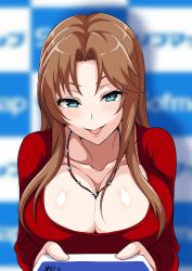 Rule 34 | 1girl, :d, blue eyes, blurry, blurry background, blush, breasts, brown hair, cleavage, collarbone, depth of field, hair intakes, idolmaster, idolmaster cinderella girls, jewelry, large breasts, long hair, looking at viewer, matsumoto sarina, necklace, open mouth, parted lips, sidelocks, simple background, smile, sofmap, sofmap background, solo, step and repeat, tawashi1623, upper body, white background