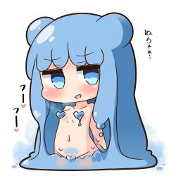 Rule 34 | 1girl, :d, blue eyes, blue hair, blush, breasts, chibi, collarbone, commentary request, convenient censoring, double bun, groin, hair bun, half slime-chan, hana kazari, head tilt, heart, heavy breathing, long hair, looking at viewer, monster girl, navel, nude, open mouth, original, side bun, slime girl, small breasts, smile, solo, translation request, very long hair, white background