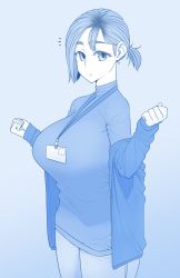 Rule 34 | 1girl, blue background, blue theme, breasts, closed mouth, commentary, cowboy shot, ekz (robotekz), highres, huge breasts, id card, jacket, long sleeves, looking at viewer, monochrome, name tag, off shoulder, original, pants, ponytail, short hair, simple background, sleeves past wrists, solo, standing, sweater, thick eyebrows