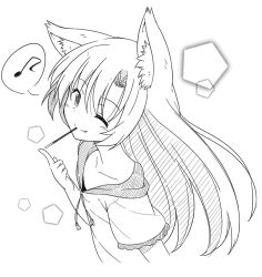 Rule 34 | 1girl, ;), animal ears, bad id, bad twitter id, fang, fang out, flat chest, food, frilled sleeves, frills, greyscale, imaizumi kagerou, kazawa (tonzura-d), long hair, monochrome, musical note, one eye closed, pocky, quaver, short sleeves, smile, solo, speech bubble, spoken musical note, touhou, wolf ears