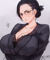 Rule 34 | 1girl, black hair, bra, breasts, business suit, c.cu, cleavage, formal, glasses, large breasts, lips, mole, mole on neck, office lady, ponytail, solo, suit, underwear