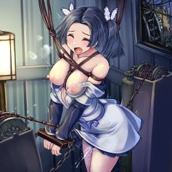 Rule 34 | 1boy, 1girl, ^^^, ^ ^, bare shoulders, bdsm, black hair, blush, bondage, bound, breasts, butterfly wings, chain, closed eyes, crotch rope, cuffs, dress, female ejaculation, hair ribbon, hashibira inosuke, heavy breathing, highres, insect wings, kanzaki aoi (kimetsu no yaiba), kimetsu no yaiba, lamp, large breasts, long hair, monikano, nipples, open mouth, ribbon, rope, see-through, shackles, twintails, white dress, wings