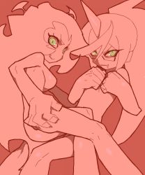 Rule 34 | 10s, 2girls, ass, bad drawr id, bad id, covering privates, covering breasts, demon girl, drawr, fang, green eyes, hamanasu, horns, kneesocks (psg), long hair, multiple girls, nude, oekaki, official style, panty &amp; stocking with garterbelt, ponytail, scanty (psg), siblings, single horn, sisters