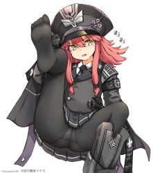 Rule 34 | 1girl, ash arms, blush, commentary request, gloves, green eyes, hair between eyes, hat, leg up, looking at viewer, maus (ash arms), medium hair, military, military hat, military uniform, okutama tarou, open mouth, panties, panties under pantyhose, pantyhose, red hair, simple background, solo, spread legs, underwear, uniform, white background