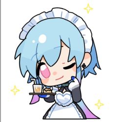 Rule 34 | 1boy, ;), alternate costume, apron, arknights, bendy straw, black dress, black gloves, blue hair, blush stickers, chibi, closed mouth, cropped torso, crossdressing, cup, dress, drinking glass, drinking straw, earrings, elbow gloves, enmaided, food, frilled apron, frills, gloves, hair between eyes, holding, holding tray, jewelry, maid, maid headdress, male focus, marchrin, mizuki (arknights), one eye closed, pink eyes, simple background, smile, solo, tray, upper body, white apron, white background, white gloves