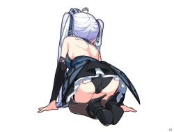 1girl ass back backless_dress backless_outfit breasts bridal_gauntlets cameltoe crown dress full_body garter_straps gloves high_heels kneeling large_breasts long_hair mini_crown official_art panties prison_princess strappy_heels thighhighs twintails underwear very_long_hair white_background white_hair zena_(prison_princess)