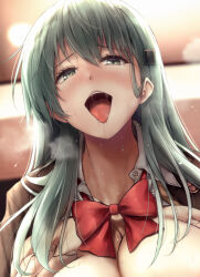 Rule 34 | 1boy, 1girl, breasts, brown jacket, cleavage, grabbing, grabbing another&#039;s breast, green eyes, green hair, hair ornament, hairpin, hetero, highres, huge breasts, jacket, jk ssma, kantai collection, long hair, open mouth, paid reward available, red ribbon, ribbon, school uniform, sex, shirt, suzuya (kancolle), suzuya kai ni (kancolle), teeth, tongue, tongue out, torogao, upper body, upper teeth only, white shirt