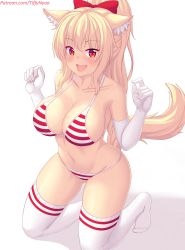 Rule 34 | 1girl, animal ear fluff, animal ears, bare shoulders, bikini, blonde hair, blush, bow, breasts, cat ears, cat girl, cat tail, cleavage, collarbone, elbow gloves, full body, gloves, hair bow, hair ornament, halterneck, hands up, highres, kneeling, large breasts, long hair, looking at viewer, navel, nottytiffy, open mouth, original, patreon username, ponytail, red bow, red eyes, sideboob, simple background, smile, solo, string bikini, striped bikini, striped clothes, swimsuit, tail, thighhighs, thighs, tiffy (nottytiffy), white background, white gloves, white thighhighs