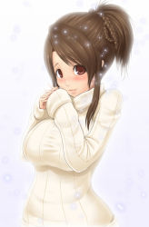 Rule 34 | 1girl, bad id, blush, braid, breasts, brown eyes, brown hair, homura (haku89), large breasts, ponytail, ribbed sweater, shirt, snow, snowing, solo, sweater, taut clothes, taut shirt, turtleneck