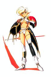 Rule 34 | 1990s (style), 1girl, armor, breasts, highres, langrisser, langrisser ii, pointy ears, retro artstyle, revealing clothes, smile, solo, sonia (langrisser), sword, thighhighs, urushihara satoshi, weapon