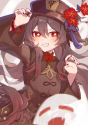 Rule 34 | 1girl, absurdres, adjusting clothes, adjusting headwear, bead bracelet, beads, black nails, blush, boo tao (genshin impact), bracelet, bright pupils, brown coat, brown hair, brown hat, coat, flower, flower-shaped pupils, genshin impact, ghost, hamunama, hat, hat flower, hat tassel, highres, hu tao (genshin impact), jewelry, long hair, long sleeves, looking at viewer, orange eyes, solo, symbol-shaped pupils, twintails, upper body, white pupils