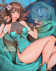 Rule 34 | 1girl, bare shoulders, blue dress, blue eyes, breasts, bridal gauntlets, brown hair, closed mouth, commission, copyright request, crown, unworn crown, dress, feet out of frame, fingernails, flower, gradient hair, hair flower, hair ornament, hand up, highres, lavelis, long hair, looking at viewer, magic, medium breasts, multicolored hair, pink flower, slit pupils, smile, solo, very long hair, water