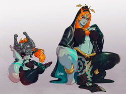 Rule 34 | 1girl, barefoot, breasts, colored sclera, colored skin, fang, female focus, full body, large breasts, lips, midna, midna (true), multicolored skin, navel, nintendo, orange hair, ponytail, red eyes, spread legs, squatting, the legend of zelda, the legend of zelda: twilight princess, thick thighs, thighs, two-tone skin, vero, wide hips, yellow sclera