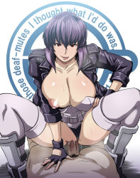 Rule 34 | 1boy, 1girl, :p, assertive female, breast slip, breasts, butcha-u, censored, cowgirl position, english text, fingerless gloves, ghost in the shell, ghost in the shell stand alone complex, girl on top, gloves, hetero, huge breasts, jacket, kusanagi motoko, laughing man (gits), naughty face, nipples, novelty censor, penis, purple hair, red eyes, sex, short hair, smile, solo focus, squatting, straddling, sweat, thighhighs, tongue, tongue out, vaginal