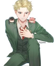 Rule 34 | 1boy, anya (spy x family), blonde hair, blue eyes, buttoned cuffs, buttons, closed mouth, collared shirt, commentary, formal, green pants, green vest, highres, holding necktie, knee up, long sleeves, looking at viewer, loose necktie, male focus, necktie, pants, red necktie, shirt, short hair, simple background, sitting, solo, spy x family, twilight (spy x family), twitter username, uchiwasabi, undercut, vest, white background, wing collar, yor briar