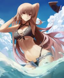 Rule 34 | 1girl, armpits, arms behind head, arms up, azur lane, bad id, bad pixiv id, bare shoulders, bikini, bikini under clothes, black bikini, blue sky, breasts, brown hair, cleavage, closed mouth, cloud, cowboy shot, criss-cross halter, cross-laced bikini, cross-laced clothes, cross-laced top, cutoffs, day, denim, denim shorts, earrings, front-tie bikini top, front-tie top, hair between eyes, halterneck, hat, unworn hat, unworn headwear, highleg, highleg bikini, highres, jean bart (azur lane), jean bart (private apres midi) (azur lane), jewelry, long hair, looking at viewer, medium breasts, micro shorts, multi-strapped bikini, navel, ocean, official alternate costume, open clothes, open shorts, outdoors, pirate hat, ramboo, red eyes, short shorts, shorts, sidelocks, sky, solo, standing, stomach, swimsuit, underboob, very long hair, wading, wet