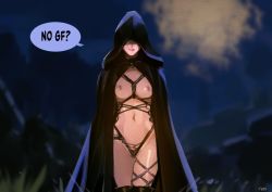 Rule 34 | 1girl, artist name, bdsm, blurry, blurry background, bondage, bound, breasts, cloak, covered eyes, elden ring, english text, facing viewer, grass, hood, hood up, hooded cloak, light smile, medium breasts, melina (elden ring), meme, naked cloak, navel, night, nipples, optionaltypo, outdoors, shibari, solo, speech bubble, thighhighs