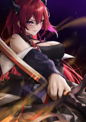 Rule 34 | 1girl, arknights, bare shoulders, breasts, cleavage, commentary, expulse, hair between eyes, highres, holding, holding sword, holding weapon, horns, large breasts, long hair, long sleeves, looking at viewer, pouch, purple eyes, red hair, reverse grip, smile, solo, surtr (arknights), sword, v-shaped eyebrows, very long hair, weapon