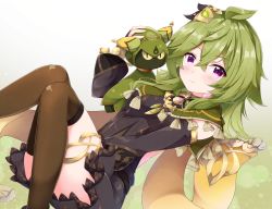 Rule 34 | 1girl, black dress, blush, breasts, brown thighhighs, capelet, closed mouth, collei (genshin impact), commentary request, dress, feet out of frame, fuuna, genshin impact, green capelet, green hair, hair between eyes, hair ornament, hand up, highres, knees together feet apart, looking at viewer, purple eyes, sleeveless, sleeveless dress, small breasts, smile, solo, thighhighs, white background