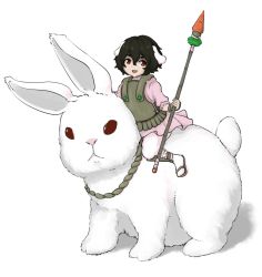 Rule 34 | 1girl, animal, animal ears, armor, black hair, breastplate, carrot, commentary, dress, english commentary, full body, hair between eyes, highres, holding, holding polearm, holding weapon, inaba tewi, looking at viewer, open mouth, oversized animal, pink dress, polearm, rabbit, rabbit ears, rabbit girl, red eyes, riding, shin guards, short hair, simple background, smile, solo, spear, touhou, ttzl, wavy hair, weapon, white background
