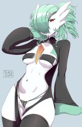 Rule 34 | 1girl, alternate hairstyle, arm at side, bikini, bikini under clothes, black bikini, black dress, black thighhighs, breasts, collarbone, colored skin, cowboy shot, creatures (company), cross-laced bikini, cross-laced clothes, dress, drill hair, earrings, female focus, game freak, gardevoir, gen 3 pokemon, green hair, green skin, grey background, hair ornament, hair over mouth, hair over one eye, hairclip, half-closed eyes, hand up, highres, jewelry, leaning back, long sleeves, looking at viewer, medium breasts, mole, mole under eye, multi-strapped bikini bottom, multicolored skin, multiple earrings, navel, nintendo, o-ring, o-ring top, one eye covered, open clothes, open dress, peach-cup, pokemon, pokemon (creature), red eyes, revealing clothes, short hair, simple background, skindentation, solo, standing, stomach, stud earrings, swimsuit, thighhighs, twin drills, two-tone skin, underboob, white skin, yellow pupils