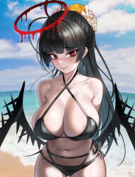 Rule 34 | 1girl, antenna hair, arms behind back, bags under eyes, beach, bikini, black bikini, black hair, black wings, blue archive, blush, breasts, cleavage, collarbone, criss-cross halter, gluteal fold, h.kai, halo, halterneck, highres, horizon, large breasts, long hair, looking at viewer, melting halo, navel, official alternate costume, outdoors, ponytail, red eyes, red halo, side-tie bikini bottom, solo, stomach, swimsuit, tsurugi (blue archive), tsurugi (swimsuit) (blue archive), very long hair, wings