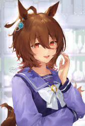 Rule 34 | 1girl, agnes tachyon (umamusume), ahoge, animal ears, artist logo, blurry, blurry background, bow, bowtie, brown hair, chemical structure, earrings, empty eyes, flask, hair between eyes, highres, horse ears, horse girl, horse tail, horseshoe ornament, indoors, jewelry, long sleeves, looking at viewer, messy hair, open mouth, red eyes, school uniform, serafuku, short hair, signature, simple background, single earring, smile, solo, tail, tracen school uniform, umamusume, upper body, white background, white bow, white bowtie, winter uniform, yanyo (ogino atsuki)