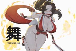 Rule 34 | 1girl, arm guards, bare legs, bare shoulders, breasts, brown eyes, brown hair, character name, chimjoljol (cute goblin), cleavage, collarbone, commentary, covered erect nipples, fire, folded fan, folding fan, hand fan, high ponytail, highres, holding, holding fan, japanese clothes, large breasts, long hair, looking to the side, mouth hold, ninja, no bra, pelvic curtain, ponytail, revealing clothes, rope, shiranui mai, sleeveless, socks, solo, the king of fighters, thigh gap, thighs, white background