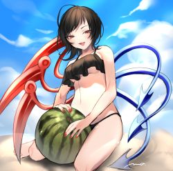 Rule 34 | 1girl, :d, ahoge, alternate costume, asymmetrical wings, bare shoulders, barefoot, bikini, black hair, blush, breasts, commentary, day, dripping, eyebrows hidden by hair, fang, food, fruit, half-closed eyes, highres, houjuu nue, looking at viewer, makita (vector1525), medium breasts, nail polish, navel, open mouth, outdoors, red eyes, red nails, sand, short hair, signature, sitting, smile, solo, swept bangs, swimsuit, touhou, underboob, watermelon, wings, yokozuwari