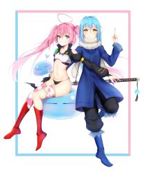 Rule 34 | 1girl, 1other, absurdres, ahoge, androgynous, bad id, bad pixiv id, bare shoulders, black nails, black panties, black pants, blue coat, blue eyes, blue footwear, blue hair, boots, bridal garter, coat, collarbone, commentary request, floating hair, full body, fur-trimmed sleeves, fur scarf, fur trim, grin, groin, hair between eyes, hand on another&#039;s hip, hand up, heart, highres, index finger raised, juliet sleeves, katana, knee boots, long hair, long sleeves, looking at viewer, milim nava, nail polish, navel, panties, pants, pink hair, pink thighhighs, puffy sleeves, red footwear, rimuru tempest, sheath, sheathed, sidelocks, single thighhigh, sitting, slime (creature), smile, stomach, striped clothes, striped thighhighs, sword, taitai, teeth, tensei shitara slime datta ken, thighhighs, twintails, underwear, weapon, weapon on back, yellow eyes