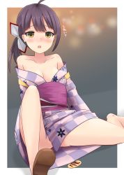 Rule 34 | 1girl, alternate costume, belt, blush, bow, breasts, fujinami (kancolle), hair bow, hanley, highres, japanese clothes, kantai collection, kimono, long hair, looking at viewer, no bra, no panties, open mouth, outside border, purple hair, sandals, side ponytail, sitting, small breasts, solo, thighs, yellow eyes, yukata