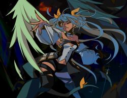 Rule 34 | 1girl, angel wings, asymmetrical wings, blue hair, borcheim, bow, breasts, choker, cleavage, detached sleeves, dizzy (guilty gear), fighting stance, guilty gear, guilty gear xrd, hair ribbon, hair rings, long hair, monster girl, red eyes, ribbon, solo, tail, tail bow, tail ornament, tail ribbon, thighhighs, twintails, wings, yellow ribbon