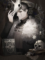 Rule 34 | 1boy, absurdres, bad id, bad twitter id, beads, black clover, black hair, blue eyes, book, book stack, candle, candle wax, capelet, coat, deer skull, facial mark, five of spades, flower, frit 2, fur capelet, fur coat, grimoire, highres, looking at viewer, rose, seven of spades, skull, solo, spade (shape), white flower, white rose, zenon zogratis
