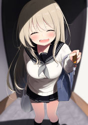Rule 34 | 1girl, :d, ^ ^, bag, black sailor collar, black skirt, black socks, blush, breasts, closed eyes, commentary request, grey neckerchief, grey sweater, holding, key, kneehighs, large breasts, long hair, long sleeves, looking at viewer, miniskirt, neckerchief, open mouth, original, pleated skirt, sailor collar, sasahara wakaba, school bag, school uniform, shopping bag, silver hair, skirt, smile, socks, solo, standing, sweater, thighs, very long hair