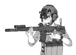 Rule 34 | 1girl, absurdres, aiming, assault rifle, brn-180, combat helmet, eyepatch, gun, heidi (heytherenrds), helmet, highres, holding, holding gun, holding weapon, kate marsh (vengeance burns red), looking to the side, medical eyepatch, military, night vision device, radio, rifle, tactical clothes, vengeance burns red, watch, weapon, white background, wristwatch