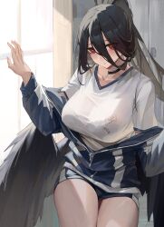 Rule 34 | 1girl, black choker, black hair, black shorts, black wings, blue archive, blue jacket, blush, bra visible through clothes, breasts, cc drawing, choker, closed mouth, collarbone, cowboy shot, feathered wings, gym shirt, gym shorts, gym uniform, hair between eyes, hasumi (blue archive), hasumi (track) (blue archive), high ponytail, highres, indoors, jacket, large breasts, long bangs, long hair, looking at viewer, off shoulder, official alternate costume, partially unzipped, red eyes, see-through, see-through shirt, shirt, shorts, sidelocks, solo, track jacket, track suit, v-neck, white shirt, wings