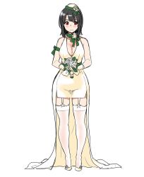 Rule 34 | 10s, 1girl, black hair, bouquet, breasts, dress, female focus, flower, garter straps, gloves, hat, high heels, kantai collection, large breasts, long hair, red eyes, simple background, solo, tachibana roku, takao (kancolle), thighhighs, wedding dress, white dress, white gloves