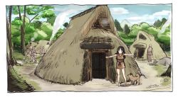 Rule 34 | 1girl, black hair, border, building, day, dog, fanta (the banana pistols), girls und panzer, hut, multiple others, outdoors, outstretched arms, smoke, spread arms, standing, tree, tribal, v, white border, yamagou ayumi